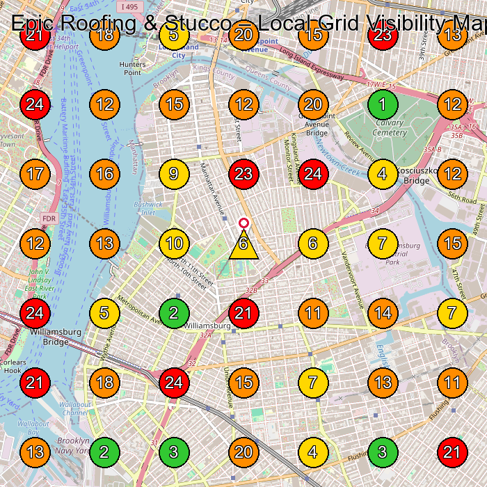 Epic Roofing & Stucco Roofing Contractor GeoGrid ranking map for Brooklyn NY